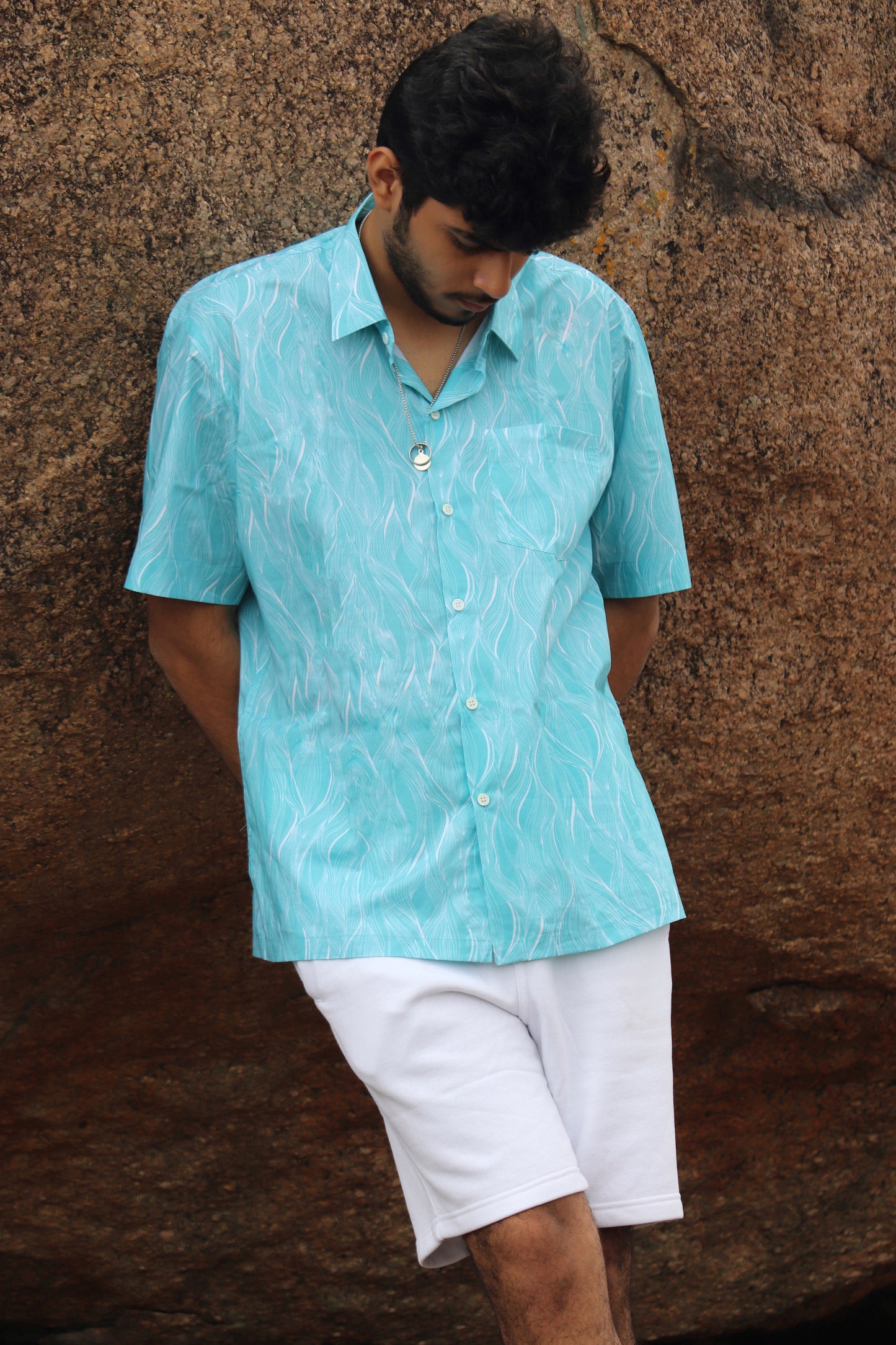 Coastline | Blue Wavy Print Lenzing Modal Satin Shirt | Unisex