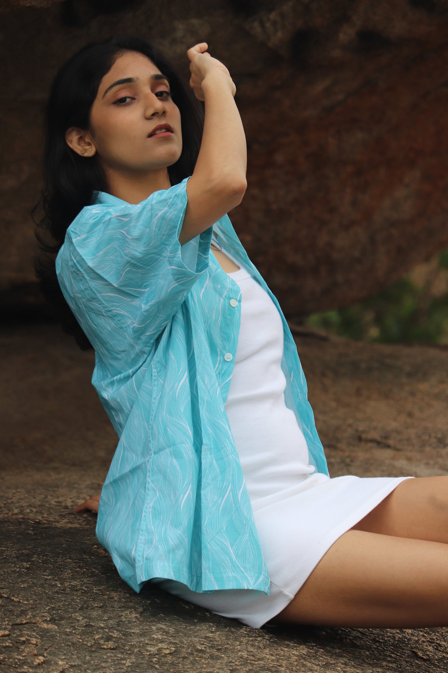 Coastline | Blue Wavy Print Lenzing Modal Satin Shirt | Unisex