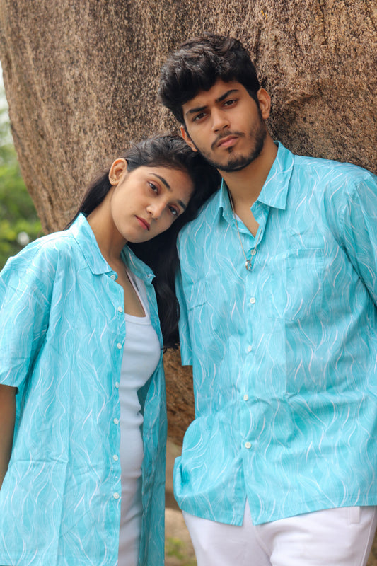 Coastline | Blue Wavy Print Lenzing Modal Satin Shirt | Unisex