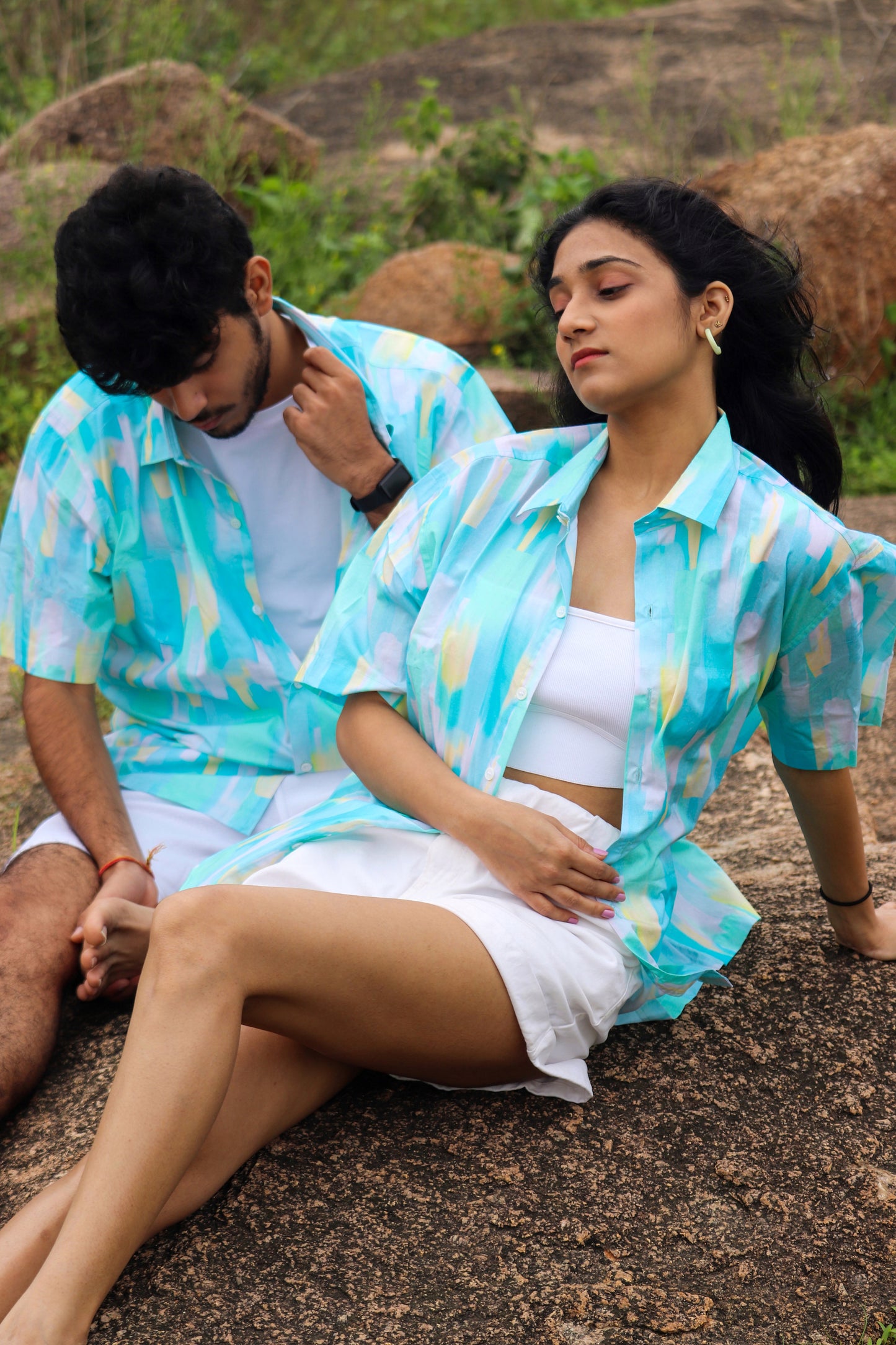 Daydreaming | Abstract Green Light Yellow Print Cotton Shirt | Unisex